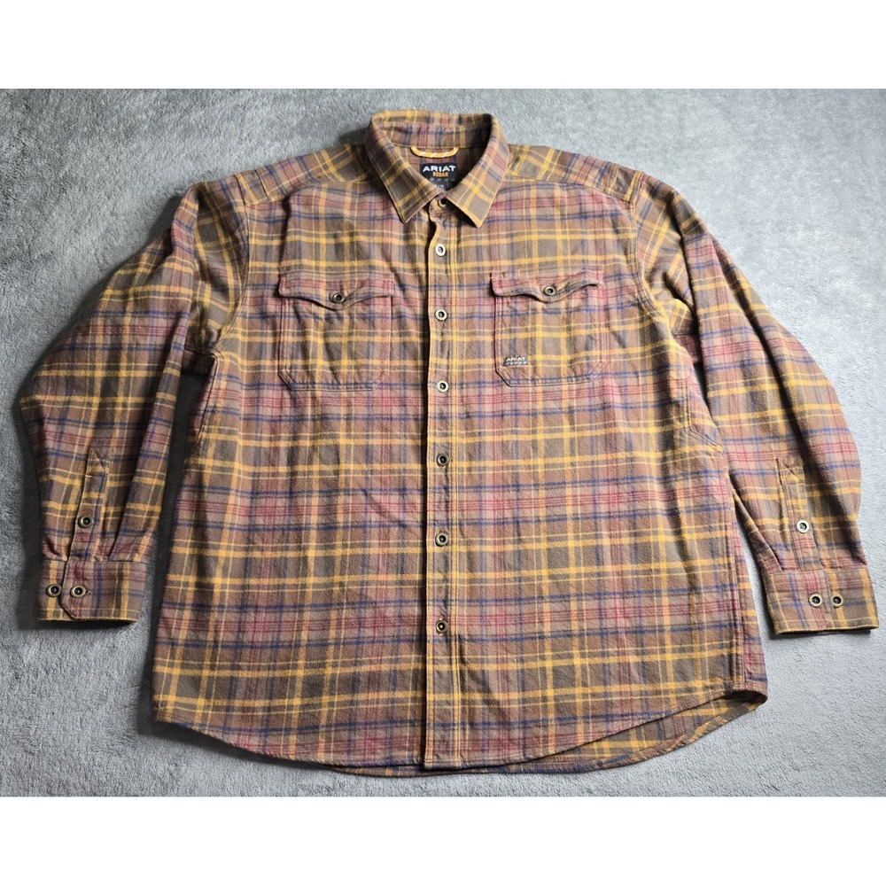 Ariat Rebar Flannel Shirt Mens XL Brown Orange Plaid Workwear Button Up Pockets